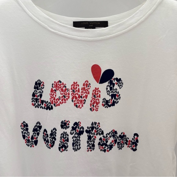 Louis Vuitton White Sheer T-Shirt LV Logo Navy Red Heart XS Made in Italy - Picture 6 of 7